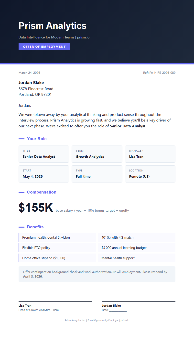 Bold contemporary job offer letter